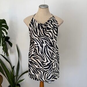 H&M Divided Zebra Mini Dress Womens Small Black Satin Halter Cowl Neck Party